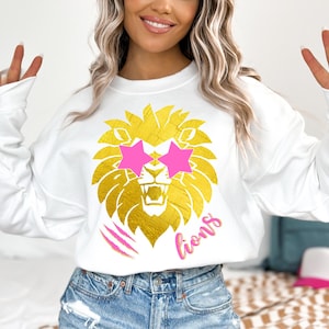 Preppy Lions Mascot PNG ~ Cute Lions Sublimation for Shirt ~ Go Lions ~ Lions Sports Team ~ Pink ~ Gold ~ Trendy Digital Lion ~ Star Eyes