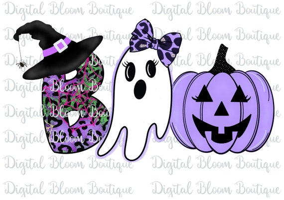 Cute Halloween Girl PNG ~ Boo PNG ~ Girl Ghost ~ Leopard ~ Purple Pumpkin PNG ~ Halloween Sublimation T-shirt ~ Halloween Printable Clip Art