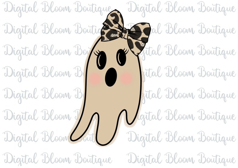 May include: A beige ghost with a black mouth and eyes. The ghost is wearing a brown and black leopard print bow.