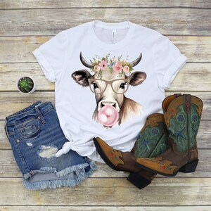 Glasses and Bubblegum Jersey Cow PNG ~ Digital Download Silly Cow ~ Cow Sublimation for Shirts ~ Watercolor Jersey Cow ~ DTF ~ Flowers PNG