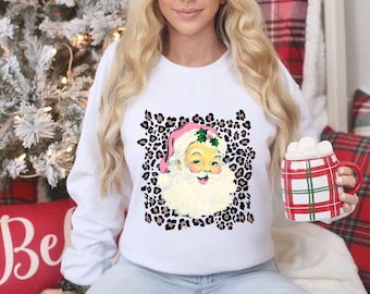 Pink Vintage Santa PNG ~ Festive Santa Sublimation PNG ~ Cheetah Background ~ Merry Christmas PNG ~ Santa Claus Holiday Shirt ~ Retro Santa