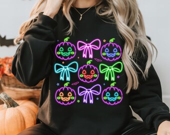 Neon Pumpkins PNG ~ Coquette Bows ~ Spooky Season ~ Neon Trick or Treat Shirt PNG ~ Preppy Sublimation ~ Cute Neon Halloween ~ DTF Transfer