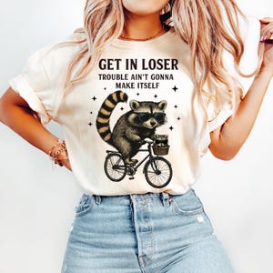 Get In Loser Raccoon PNG ~ Funny Raccoon Digital Design ~ Sassy Raccoon Shirt PNG ~ Bicycle Raccoon ~ Retro ~ Doodle ~ DTF ~ Racoon Clip Art