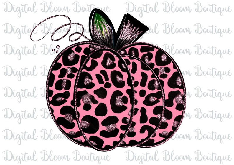 May include: A pink pumpkin with a black leopard print and glitter accents. The pumpkin is a digital illustration.