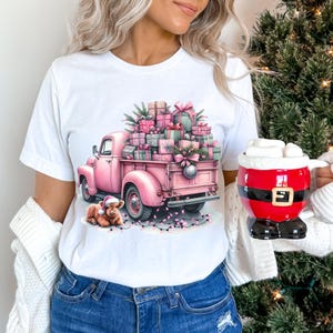 Pink Christmas Highland Cow PNG ~ Farm Truck ~ Cute Shaggy Highland Cow ~ Christmas Sublimation for Shirts ~ DTF ~ Country Christmas Scene