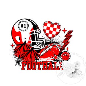 May include: Red and black football themed graphic with a football helmet, a football, pom-poms, a heart, a lightning bolt, stars, and the word "FOOTBALL".