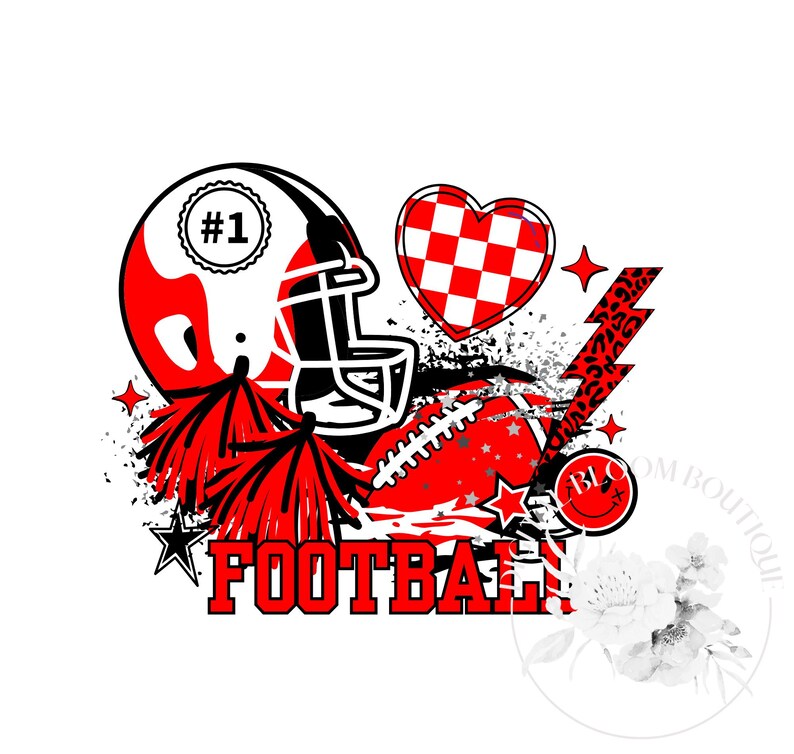 May include: Red and black football themed graphic with a football helmet, a football, pom-poms, a heart, a lightning bolt, stars, and the word "FOOTBALL".