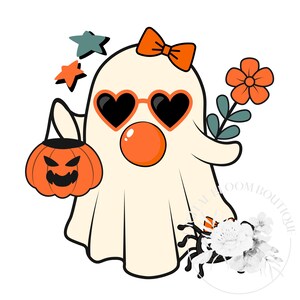 May include: A cartoon ghost wearing heart-shaped sunglasses and a pink bow, holding a pumpkin bucket and a flower. The ghost is white with orange and black accents.