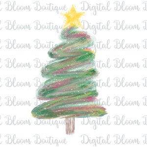 May include: A green, yellow and white watercolour Christmas tree with a yellow star on top. The tree is painted with a brushstroke effect and has a brown trunk.