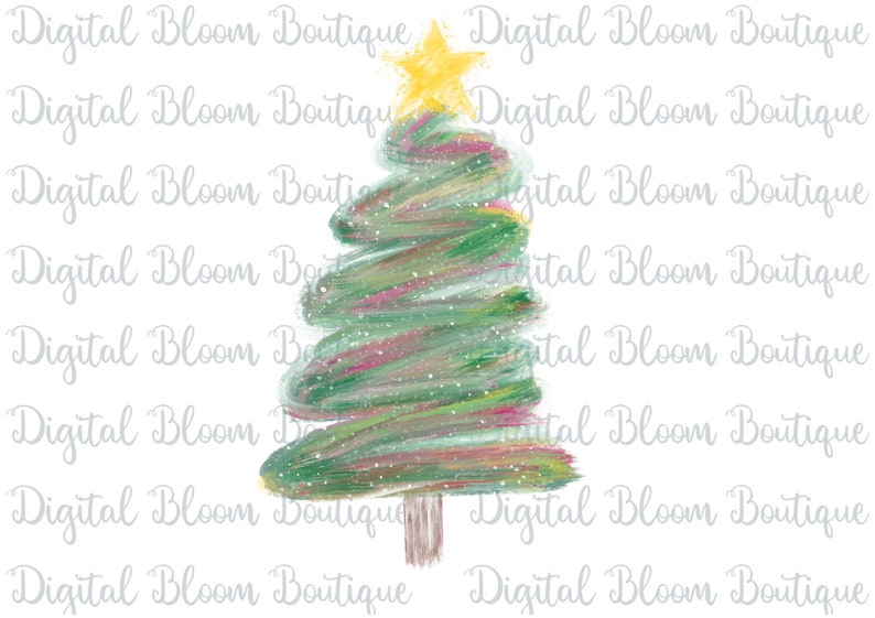 May include: A green, yellow and white watercolour Christmas tree with a yellow star on top. The tree is painted with a brushstroke effect and has a brown trunk.