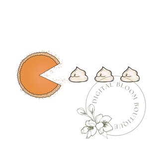 Puede incluir: Una ilustraci&oacute;n digital de una tarta de calabaza con una rebanada que falta y tres cucharadas de crema batida. El texto "DIGITAL BLOOM BOUTIQUE" est&aacute; en un c&iacute;rculo debajo de la crema batida.