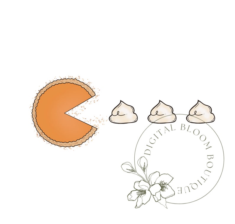 Puede incluir: Una ilustraci&oacute;n digital de una tarta de calabaza con una rebanada que falta y tres cucharadas de crema batida. El texto "DIGITAL BLOOM BOUTIQUE" est&aacute; en un c&iacute;rculo debajo de la crema batida.
