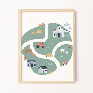 Kids Kaart Afdrukken, Boerderij Road Map, Boerderij Kwekerij Decor, Groene Kunst aan de Muur, Digitale Download, Gender Neutrale Nursery Decor, Farm Nursery Prints