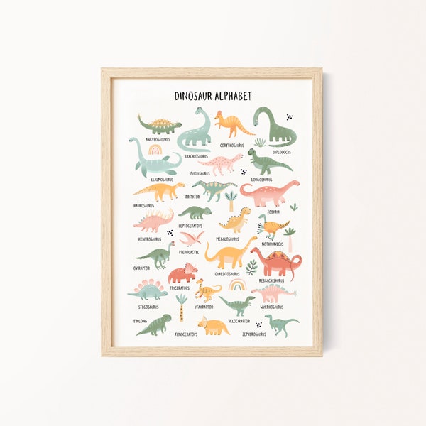 Dinosaur Alphabet Wall Art, Dino Digital Download Printable, Educational Tool, Kids Room Decor, Classroom Art, Gender Neutral Dinosaur Art