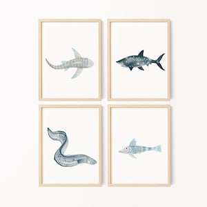 Watercolor Ocean Animals Art Prints for Kids Room Shark Theme Nursery Decor Digital Download Blue Coastal Wall Art for Children’s Bedroom