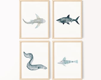 Watercolor Ocean Animals Art Prints for Kids Room Shark Theme Nursery Decor Digital Download Blue Coastal Wall Art for Children’s Bedroom