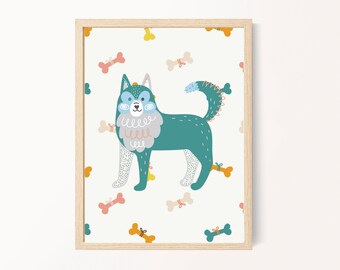 May include: A teal blue dog with white spots and a pink nose is surrounded by orange, pink, and yellow bones. The dog has a white collar with a pink and blue design. The background is white.