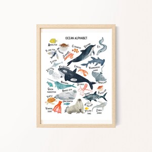 Impresión de vivero de animales del alfabeto, impresión de animales marinos, decoración de vivero neutral de género, cartel del océano para niños, arte digital del océano, decoración del aula náutica