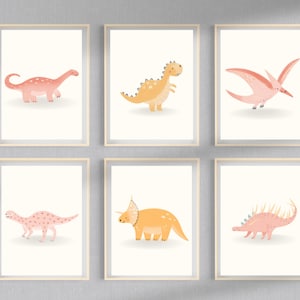 Dinosaur Wall Art Set of 6, Pink Dino Prints, Girls Dinosaur Room Decor, Dino Nursery Wall Art, Digital Download Prints, Gallery Wall Prints