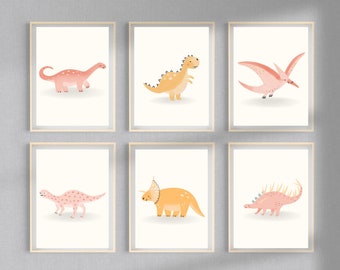 Dinosaurieväggkonst set med 6, rosa dinosaurietryck, dinosaurierumsdekor för flickor, dinosauriebarnrumsväggkonst, digitala nedladdningsbara tryck, galleriväggtryck