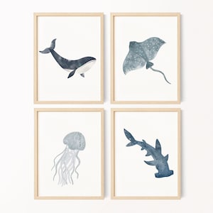 Ozean Print Wandkunst, Maritim Kinderzimmer, Aquarell Digitaldruck, Walhai Qualle Stingray Wanddekoration, Meerestiere Kinderzimmer Wandkunst