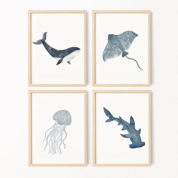 Ocean Print Wall Art, Nautical Kids Room, Watercolor Digital Print, Whale Shark Jellyfish Stingray Wall Decor, Sea Animals Nursery Wall Art