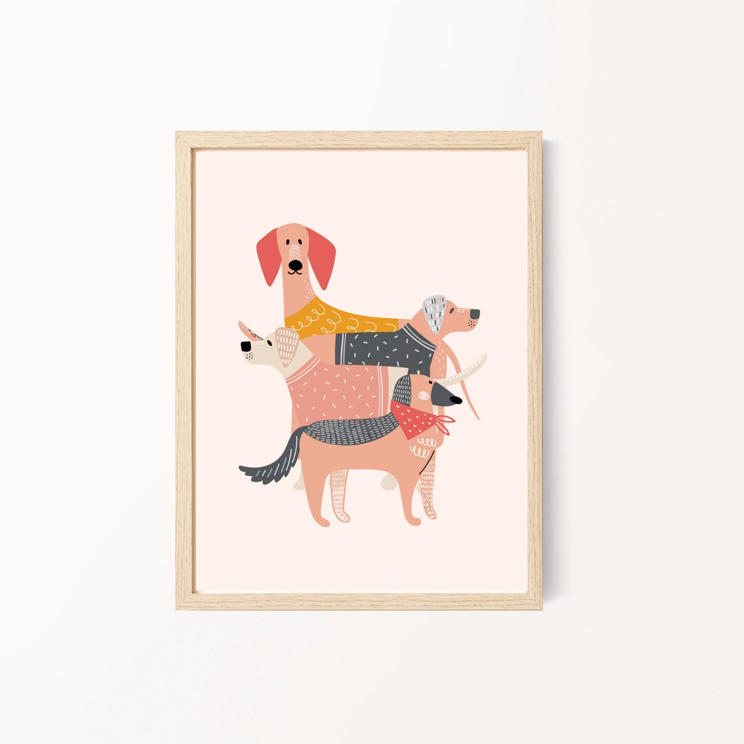 Dogs in Sweaters Pink Background Digital Art , Nursery Accent Wall Girl