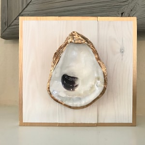 Oyster Art on Wood Large Oyster Shells with Gold trim- White Coastal Beach Décor