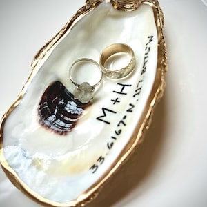 Oyster Shell Personalized Ring Dish with Coordinates
