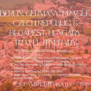 Pode incluir: Um itinerário de viagem para uma viagem a Berlim, Alemanha, Praga, República Checa e Budapeste, Hungria. O itinerário inclui um esquema detalhado para planejar a viagem, recomendações de atividades, restaurantes e vida noturna, lugares para reservar acomodações, voos e ônibus, e outras dicas para viajar para a Europa Oriental.