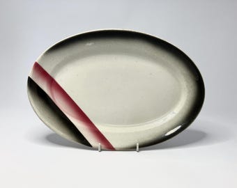 Wallace China Vintage 12-1/2" Restaurant Ware Platter:  Pink & Gray Airbrush Diagonal Stripes.