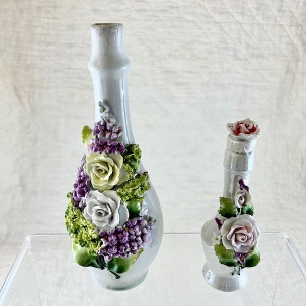 Vintage Set of 2 beautifully floral embellished porcelain Elfinware Perfume Bottles from the 1930's and made in Germany.