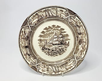 Antique 9-1/2-inch Plate by Ashworth Brothers "American Marine" Brown Transferware from the 1800s.