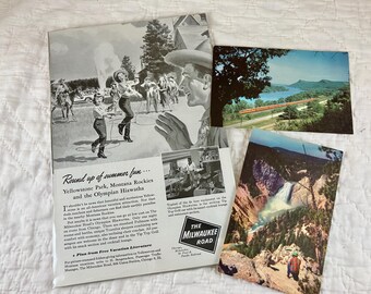 1948 The Milwaukee Road, Yellowstone, Hiawatha Train Ad. Page and 1 PCard  Yellowstone L. Falls and 1 PCard Twin Cities Hiawatha Train.