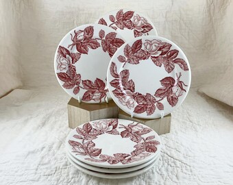 Vintage Set of 6 Syracuse China Plates: Red Rose Transferware.