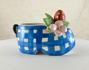 Vintage 1950s Dutch Shoe Planter: Blue & White Checked Ceramic Decor