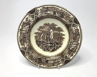 Antique 8-1/2-inch Soup Bowl by Ashworth Brothers "American Marine" Brown Transferware from the 1800s.