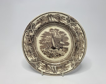 Antique 7-inch Plate by Ashworth Brothers "American Marine" Brown Transferware from the 1800s.