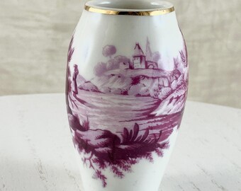Vintage Porcelaine De Paris Vase: 1980s Magenta Country Scene, Gold Trim