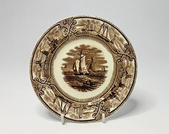 Antique 6-inch Plate by Ashworth Brothers "American Marine" Brown Transferware from the 1800s.