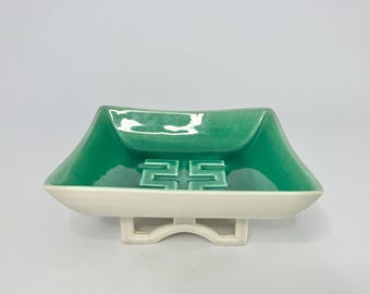 Chinese Key Design on Vintage 1940s Square Pedestal Bowl by Roselane.