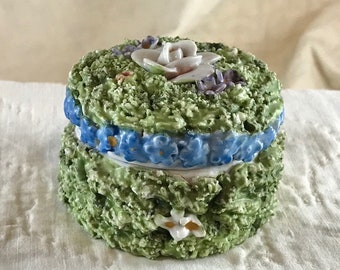 Beautifully made German 1920-1940's Elfin Ware Trinket Box with all sides covered with porcelain flowers and porcelain moss.