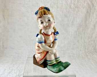 Vintage Occupied Japan Figurine: Little Girl with Pigtails, Orange Heart Dress