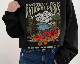 Moletom "Respeite a Natureza" Vintage Parques Nacionais Camiseta Anos 90 Garota Granola Pulôver Caminhada Camping Ao Ar Livre Natureza Presente