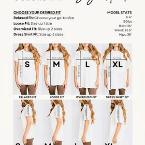 May include: A size guide for Comfort Colors 1717 apparel. The guide includes model stats and instructions for relaxed, loose, oversized, and dress shirt fits. The image shows examples of different shirt sizes, including S, M, L, and XL.