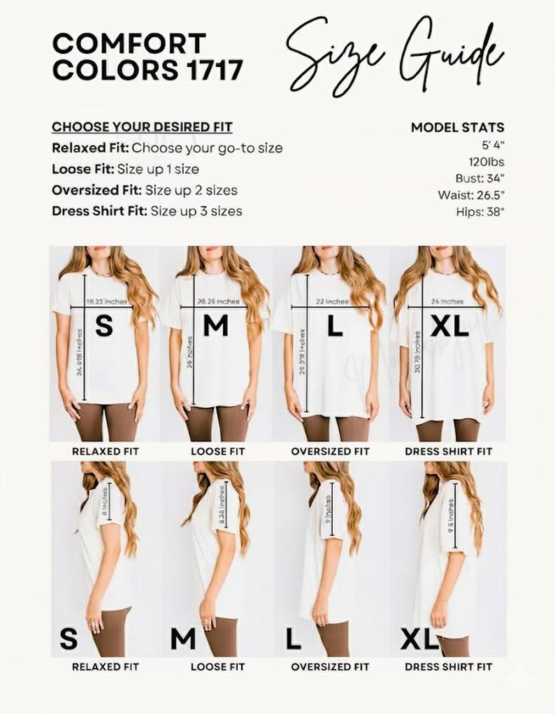 Puede incluir: Una gu&iacute;a de tallas Comfort Colors 1717 con camisetas blancas en tallas S, M, L y XL. El gr&aacute;fico muestra vistas frontales y laterales con medidas en pulgadas para ajustes relajado, suelto, extragrande y tipo vestido, m&aacute;s estad&iacute;sticas.