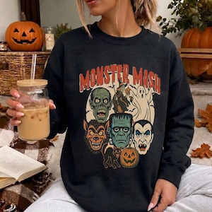 Retro Halloween-sweatshirt, Monster Mash-trui met ronde hals, griezelige trui voor het seizoen, vintage herfsttrui, vintage herfstsweatshirt