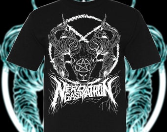 May include: Black t-shirt with a white graphic design of a ram's head with horns inside a pentagram and a circle. The text "Weird Gasmatron" is below the ram's head.
