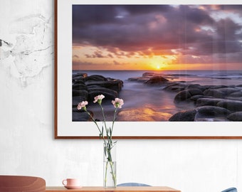 Beach photo print | Sunrise art | Queensland wall print | Ocean wall art | Blue coast poster | Australia | Clouds | Sunshine Coast