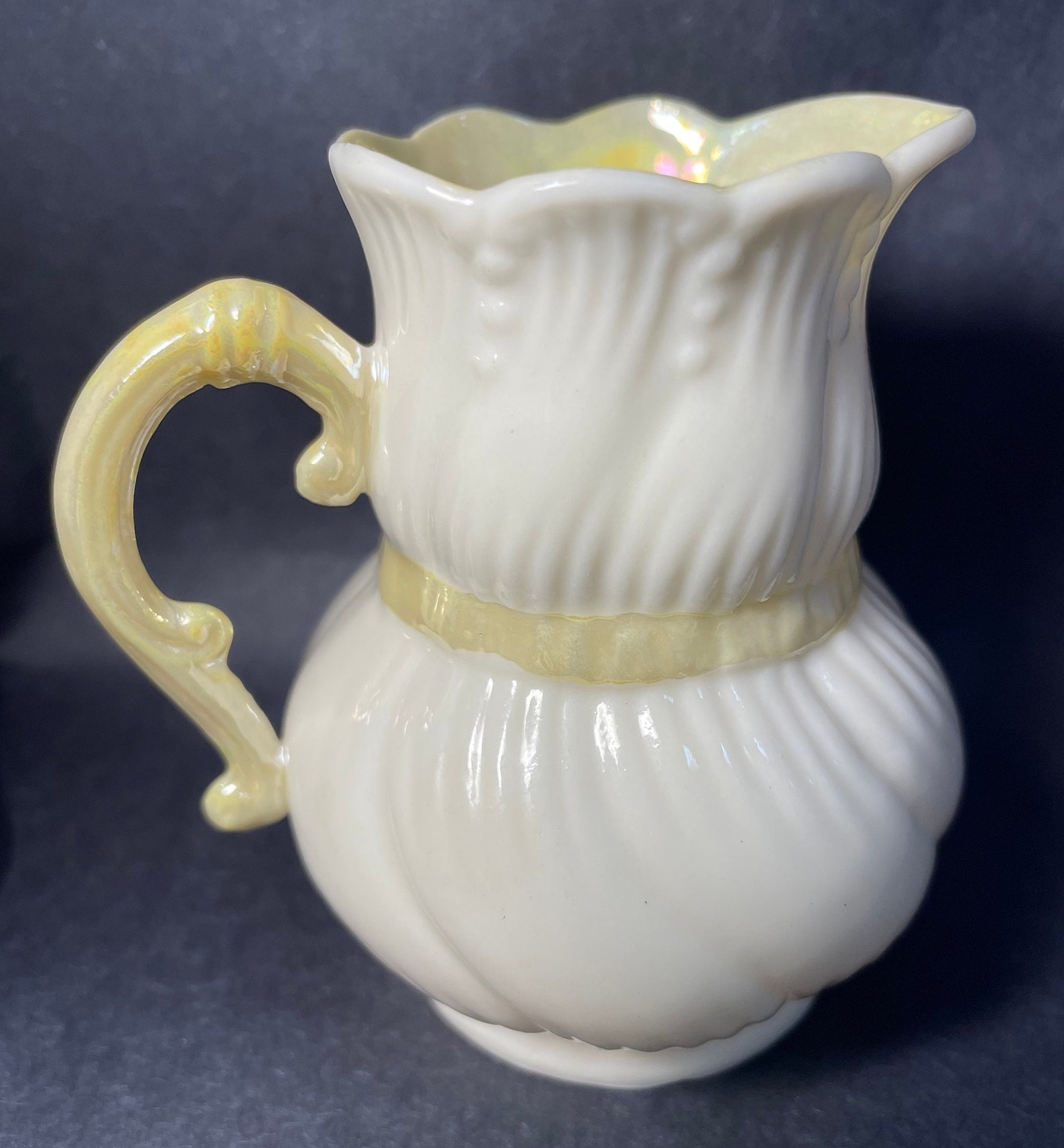 Vintage Belleek Bone China Small White Pitcher With Yellow Etsy